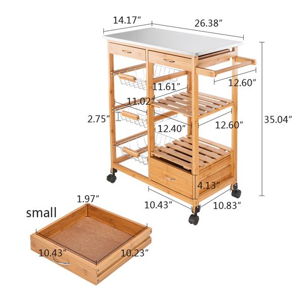 Moveable Kitchen Cart with Stainless Steel Table Top & Three Drawers & Three Baskets Burlywood