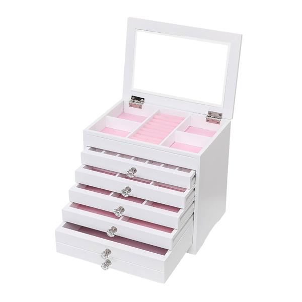 High Large Gloss Wooden Jewellery Box Armoire Bracelet Organizer Storage  5 Layers Glass White