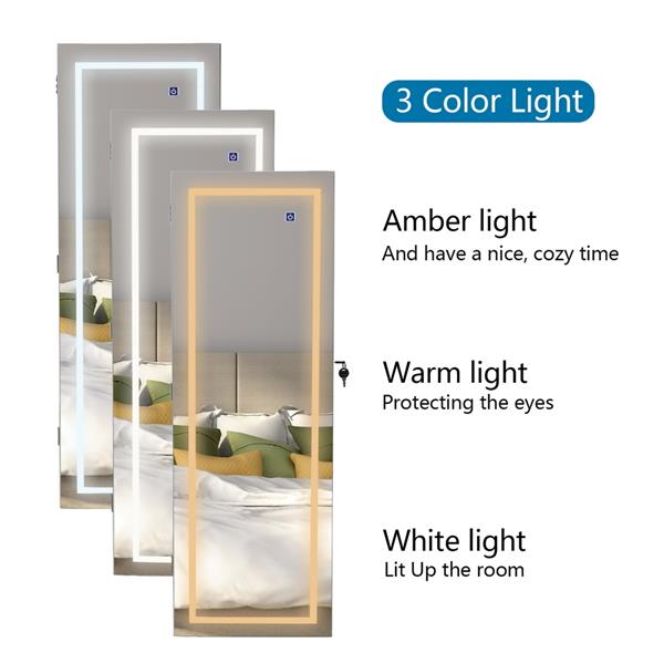 Full Mirror Wooden Wall Mounted 4-Layer Shelf With Inner Mirror 3-Color LED Light Jewelry Storage Mirror Cabinet - White