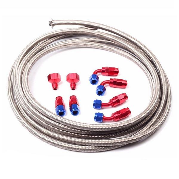 Universal 12ft AN-6 Silver Nylon Braided Hose with 6pcs Red & Blue Hose Ends and 2pcs AN-6 to AN-10 