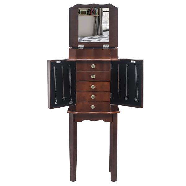 Standing Jewelry Armoire with Mirror, 5 Drawers & 6 Necklace Hooks, Jewelry Cabinet Chest with Top Storage Organizer , 2 Side Swing Doors(Brown)