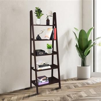 Ladder Shelf, 5-Tier Multifunctional Modern Wood Plant Flower Book Display Shelf, Home Office Storage Rack Leaning Ladder Wall Shelf Brown Color