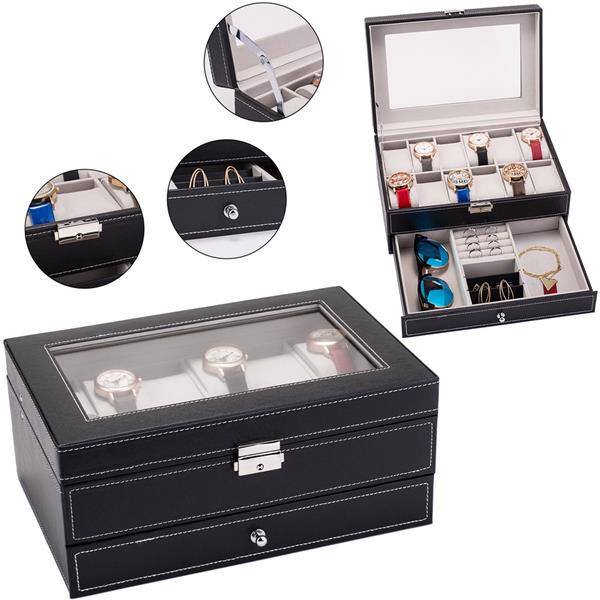 12 Slots Watch Box Mens Watch Organizer Lockable Jewelry Display Case with Real Glass Top Faux Leather Black