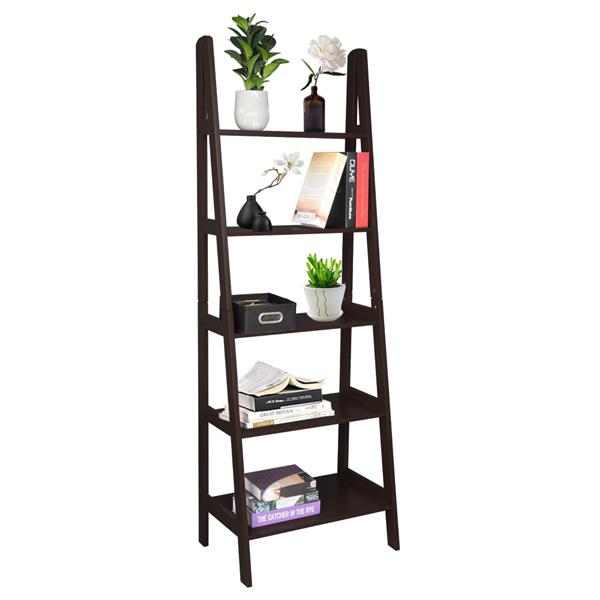 Ladder Shelf, 5-Tier Multifunctional Modern Wood Plant Flower Book Display Shelf, Home Office Storage Rack Leaning Ladder Wall Shelf Brown Color