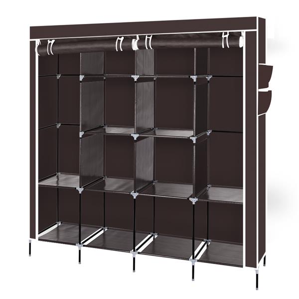 67" Clothes Closet Portable Wardrobe Clothes Storage Rack 12 Shelves 4 Side Pockets Dark Brown 