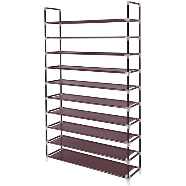 Simple Assembly 10 Tiers Non-woven Fabric Shoe Rack with Handle Dark Brown