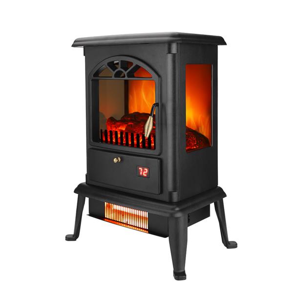 American Standard HT1217 1500W Freestanding Three-door Glass 3D Flame Fireplace with Remote Control/Fake Firewood/Single Color/3 Quartz Tubes/Black