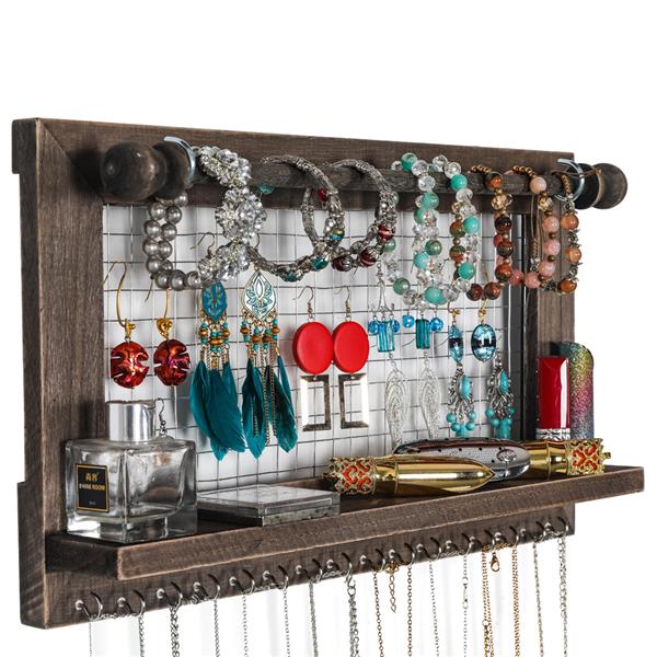 Jewelry Manager - Wall Mounted Jewelry Stand With Detachable Bracelet Bar, Shelf And 16 Hooks - Perfect Earrings, Necklaces And Bracelet Stand - Brown