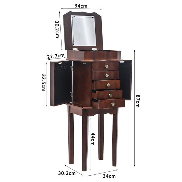 Standing Jewelry Armoire with Mirror, 5 Drawers & 6 Necklace Hooks, Jewelry Cabinet Chest with Top Storage Organizer , 2 Side Swing Doors(Brown)