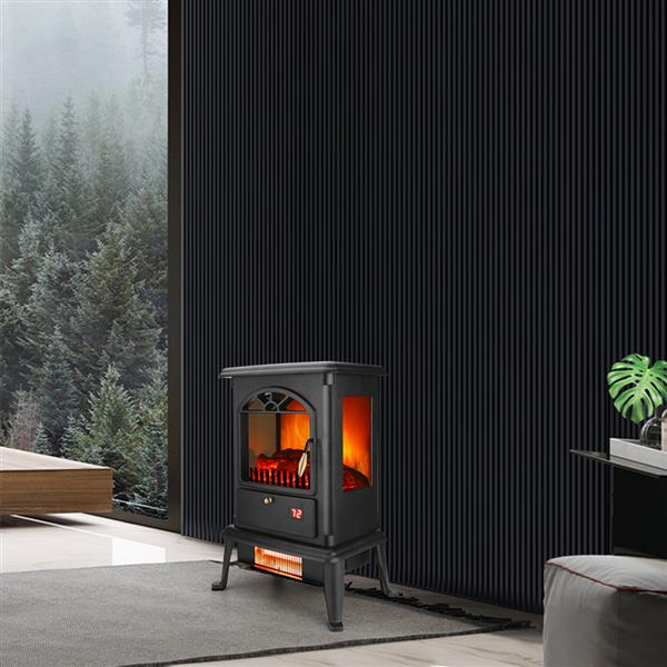 American Standard HT1217 1500W Freestanding Three-door Glass 3D Flame Fireplace with Remote Control/Fake Firewood/Single Color/3 Quartz Tubes/Black