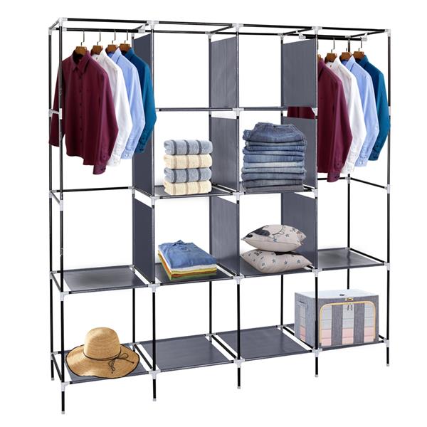 67" Clothes Closet Portable Wardrobe Clothes Storage Rack 12 Shelves 4 Side Pockets Gray 