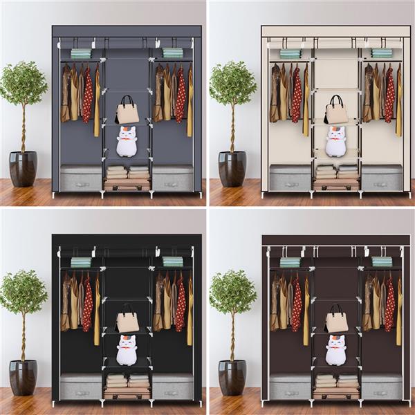 69" Portable Clothes Closet Non-Woven Fabric Wardrobe Double Rod Storage Organizer Gray