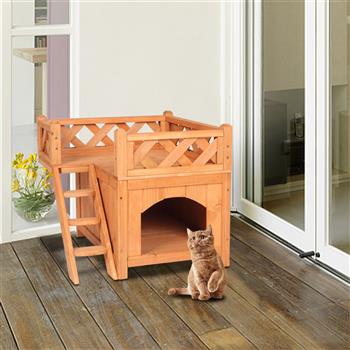 Pet Wooden Cat House Living House Kennel with Balcony Wood Color