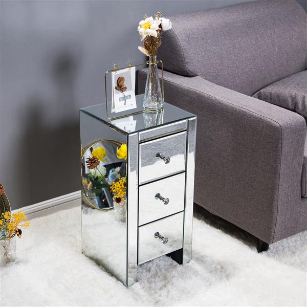 Mirrored Glass Bedside Table with Three Drawers Size S