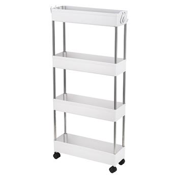 4-Layer Ultra-thin, Mobile Multi-functional Slim Storage Cart,Suitable for Kitchen, Bathroom, Laundry Room Narrow Place, Plastic and Stainless Steel, White