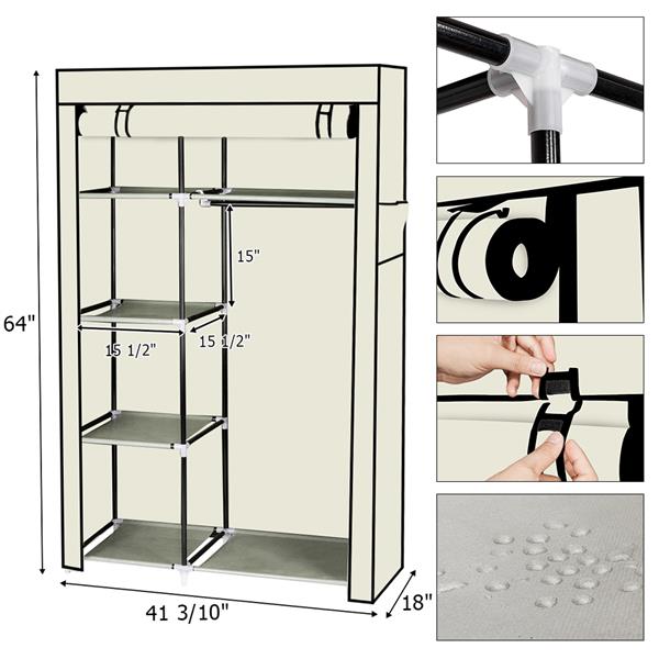 64" Portable Closet Storage Organizer Wardrobe Clothes Rack with Shelves Beige 