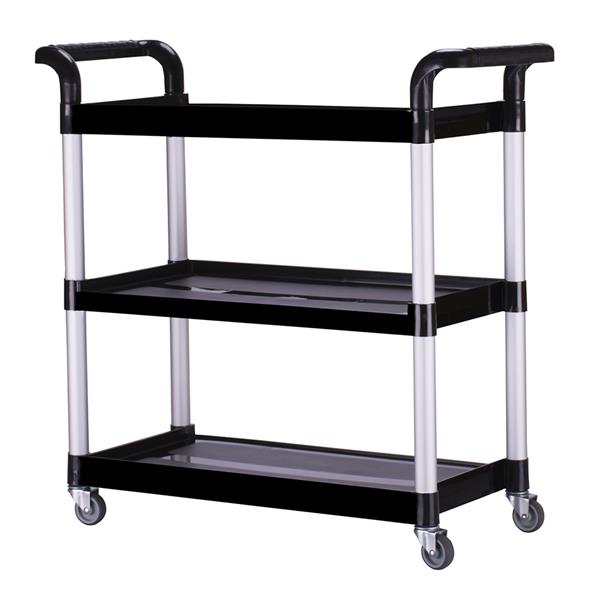 Heavy Duty 3-Shelf Rolling Service / Utility / Push Cart, 390 lbs. Capacity, Black, for Foodservice / Restaurant / Cleaning