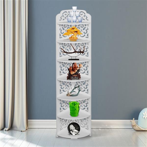 7-Tier Modular Cut-Out Quarter-Circle Wood-Plastic Composite Corner Shelf Storage Shelves Organizer Display Rack for Kitchen and Corner Shelf Unit White