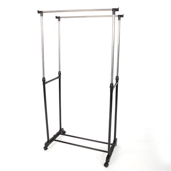 Dual-bar Vertical & Horizontal Stretching Stand Clothes Rack with Shoe Shelf YJ-03 Black & Silver