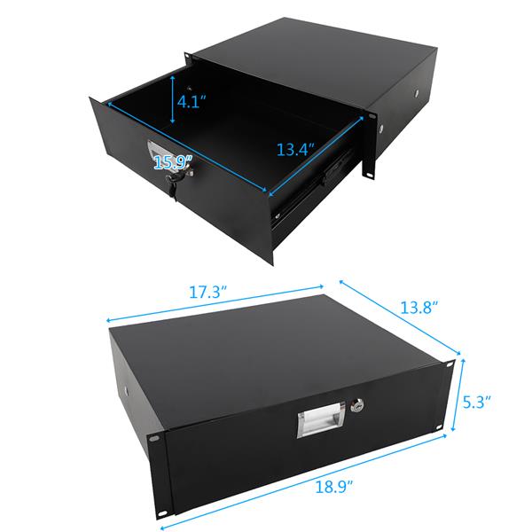 19" 3U Steel Plate DJ Drawer Equipment Cabinet with Keys Black