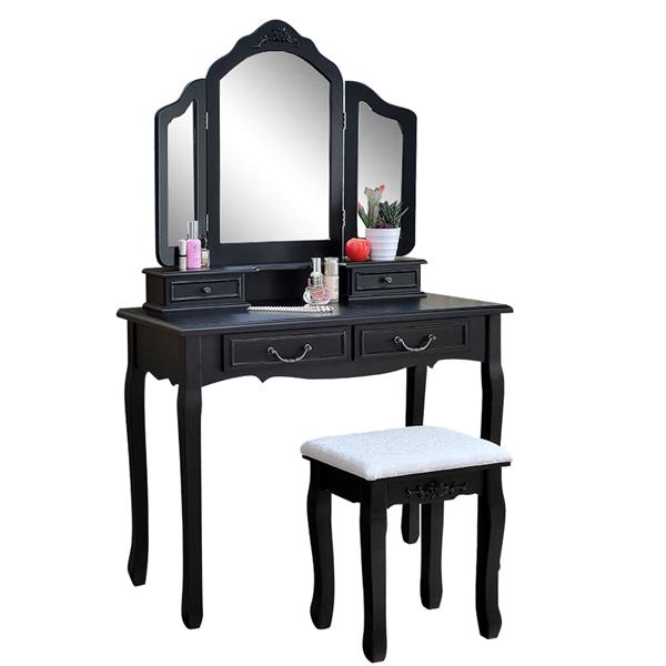 Tri-fold Mirror Dresser with Dressing Stool Black