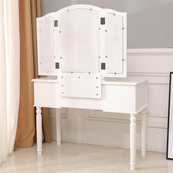 【】Dresser Three-Fold Square Mirror Drawers Roman Column Table/Stool White