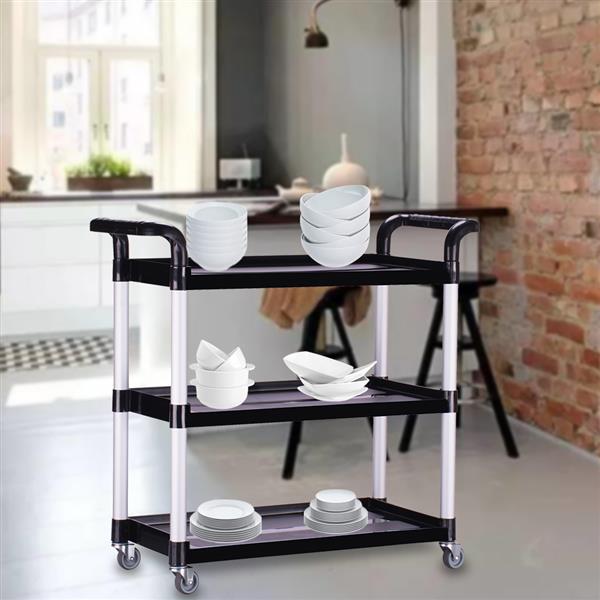 Heavy Duty 3-Shelf Rolling Service / Utility / Push Cart, 330 lbs. Capacity, Black, for Foodservice / Restaurant / Cleaning