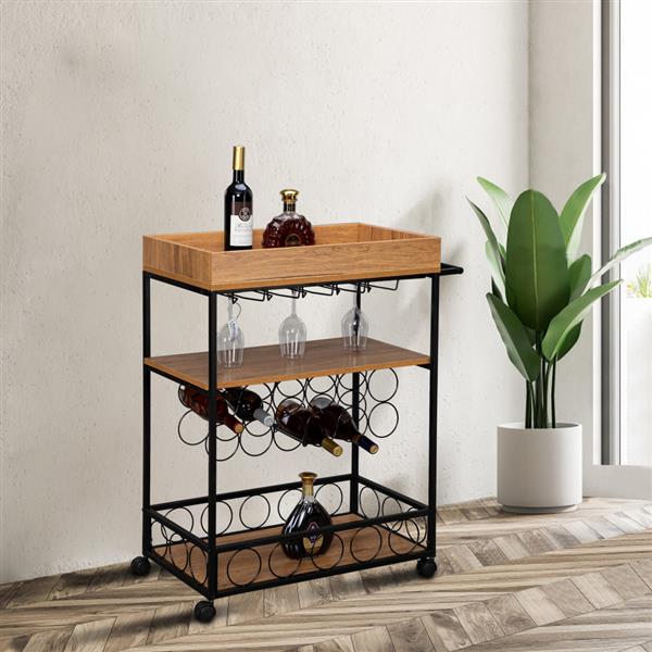 Industrial Wine Rack Cart Kitchen Rolling Storage Bar Wood Table Serving Trolley