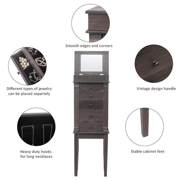 Standing Jewelry Armoire with Mirror, 5 Drawers & 8 Necklace Hooks, Jewelry Cabinet Chest with Top Storage Organizer , 2 Side Swing Doors(Grey)