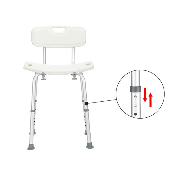 Aluminum Alloy Lifting Bath Chair 8 Files With Backrest PE Seat Stool Rubber Floor Mat White