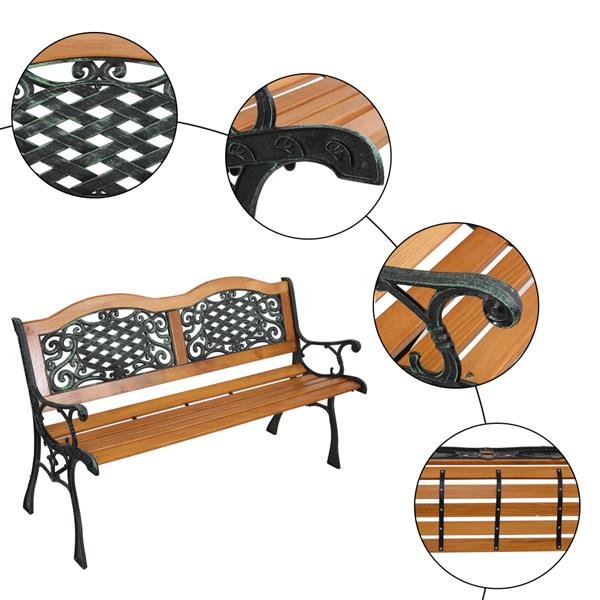 49" Garden Bench Outdoor Patio Park Chair Furniture Hardwood Slats Cast Iron Frame