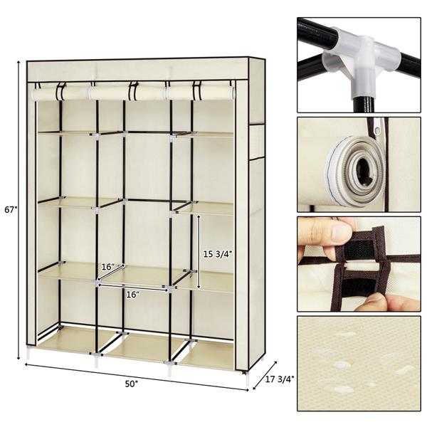 67" Portable Closet Organizer Wardrobe Storage Organizer with 10 Shelves Quick and Easy to Assemble Extra Space Beige