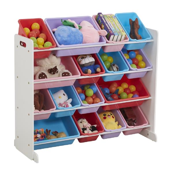 Wooden Kids' Toy Storage Organizer with 16 Plastic Bins,X-Large, White / Blue / Pink / Purple