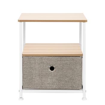 Nightstand 1-Drawer Shelf Storage- Bedside Furniture & Accent End Table Chest For Home, Bedroom, Office, College Dorm, Steel Frame, Wood Top, Easy Pull Fabric Bins Linen / Natural