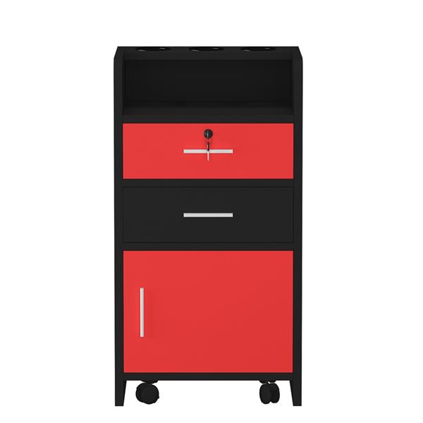 Salon Wood Rolling Drawer Cabinet Trolley Spa 3-layer Cabinet Equipment with A Lock Black & Red