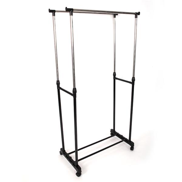 Dual-bar Vertical & Horizontal Stretching Stand Clothes Rack with Shoe Shelf YJ-03 Black & Silver