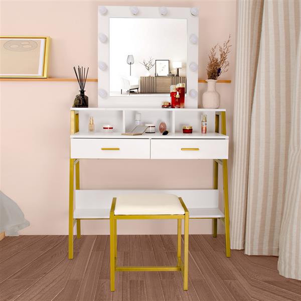 Single Mirror With 2 Drawers, With Shelf With Light Bulb, Steel Frame Dressing Table White