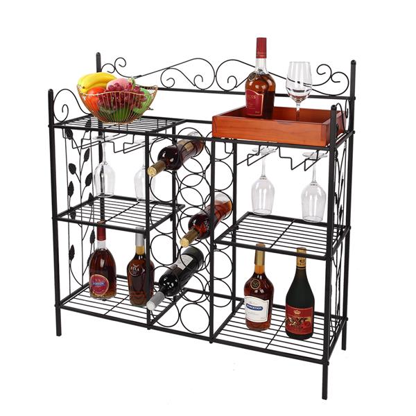 Black Metal Six (6) Shelf Kitchen Bakers Rack Console Table with 12 Bottles Wine Storage and 12 Glass Holder