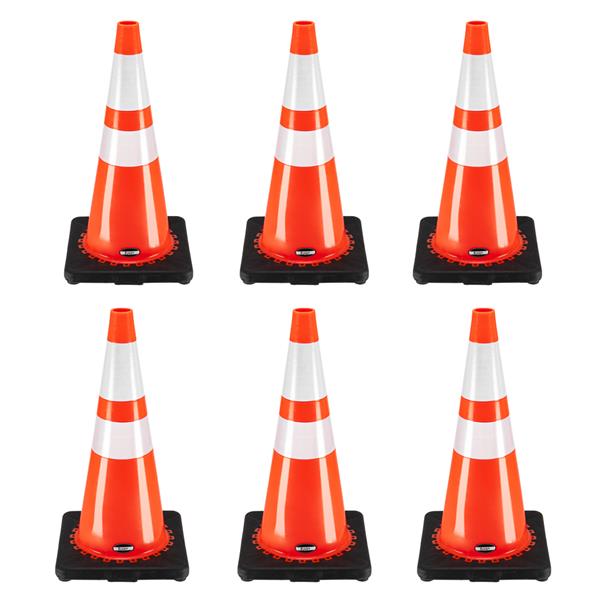(6 pcs) 28" PVC American Road Cone Black Chassis Reflective Cone Warning Cone 36x36x70cm