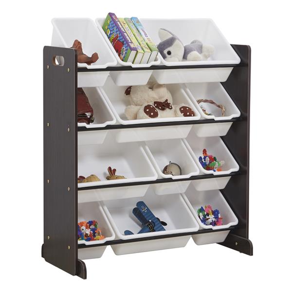 Kids' Toy Storage Organizer with 12 Plastic Bins, Espresso / White