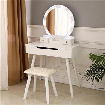 Dressing Table with Single Round Mirror with Bulb & 4 Drawers White