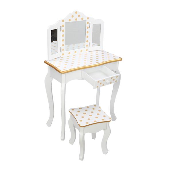 Three Fold Mirror Single Drawing Curved Foot Children Dressing Table Yellow Dots