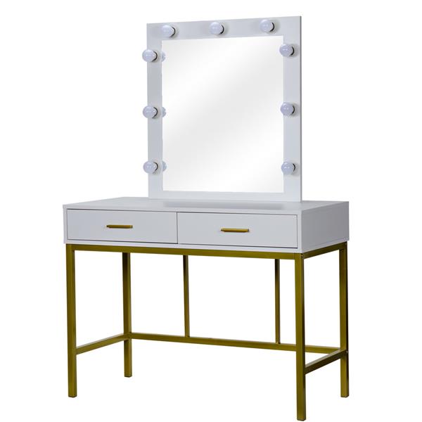 Single Mirror With 2 Drawers And Light Bulbs, Steel Frame Dressing Table White