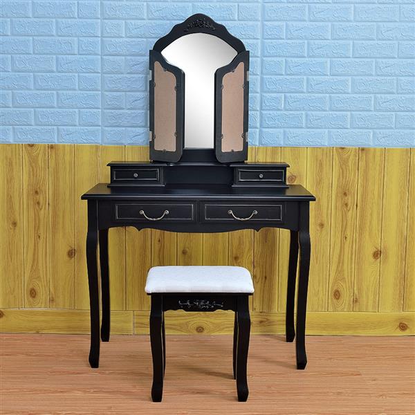 Tri-fold Mirror Dresser with Dressing Stool Black