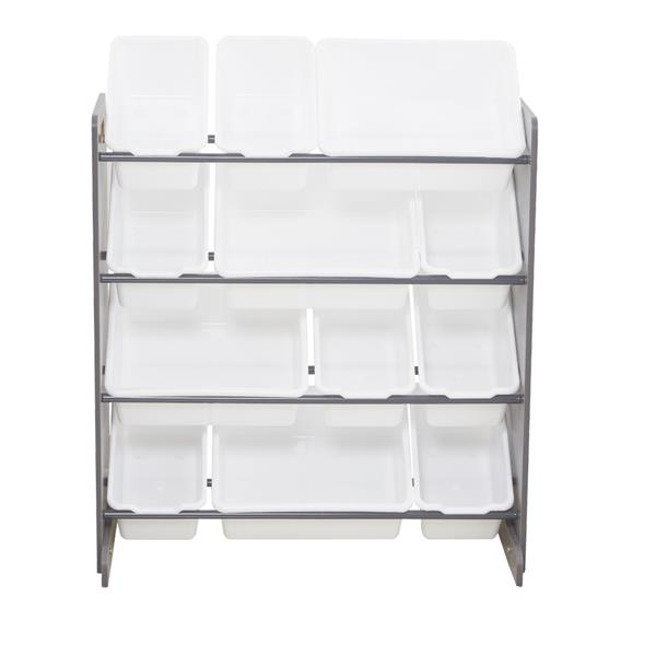 Kids' Toy Storage Organizer with 12 Plastic Bins, Gray / White