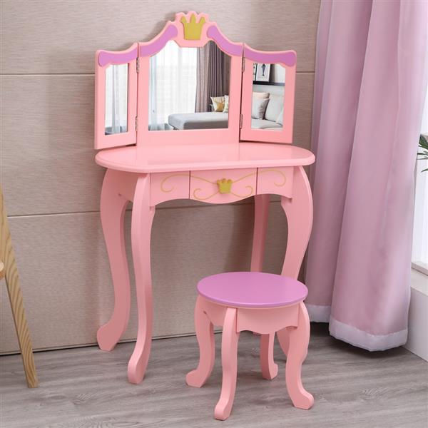 Children's Three Mirror Single-Drawing Curved Foot Dresser Pink