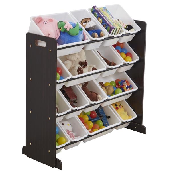 Wooden Kids' Toy Storage Organizer with 16 Plastic Bins,X-Large, Espresso / White