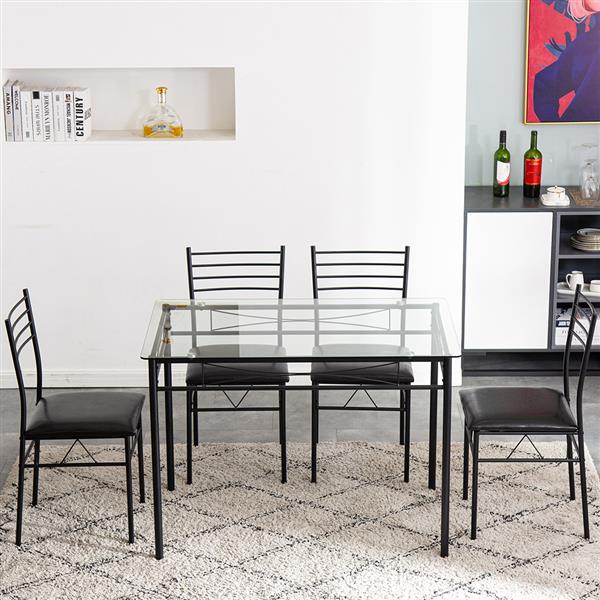 [110 x 70 x 76cm] Iron Glass Dining Table and Chairs Black One Table and Four Chairs PU Cushion