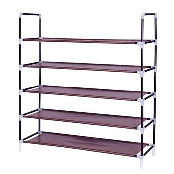 Simple Assembly 5 Tiers Non-woven Fabric Shoe Rack with Handle Dark Brown