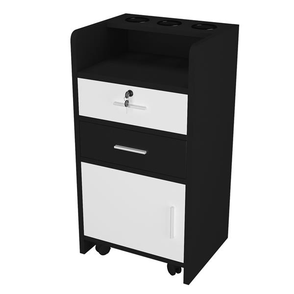 Salon Wood Rolling Drawer Cabinet Trolley Spa 3-layer Cabinet Equipment with A Lock Black & White